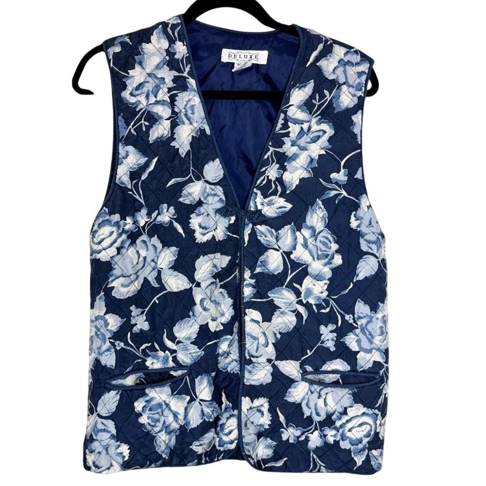 Vintage Deluxe Womens Blue White Floral 100%‎ Silk Quilted Vest Medium Granny